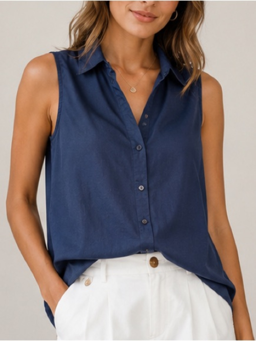 We Are Sundays Marlon Top Navy Blue Sleeveless Button Up Blouse Size M NWOT